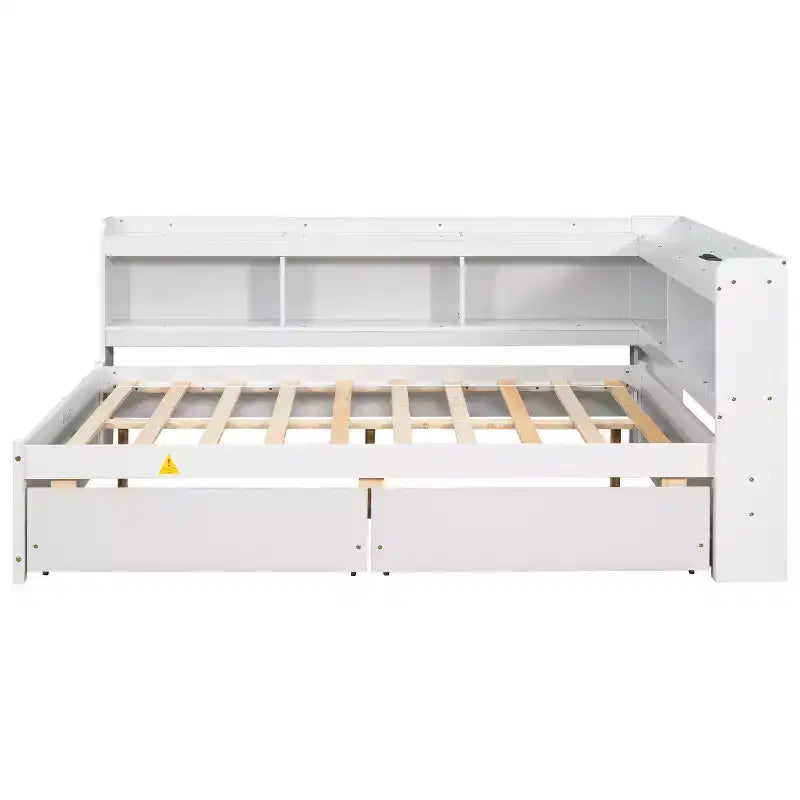 Full Size L-Shaped Bookcases Bed with Power Outlets, USB Charging Ports and 2 Drawers