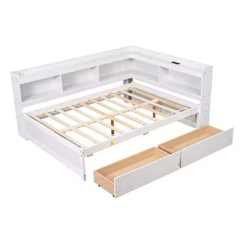 Full Size L-Shaped Bookcases Bed with Power Outlets, USB Charging Ports and 2 Drawers