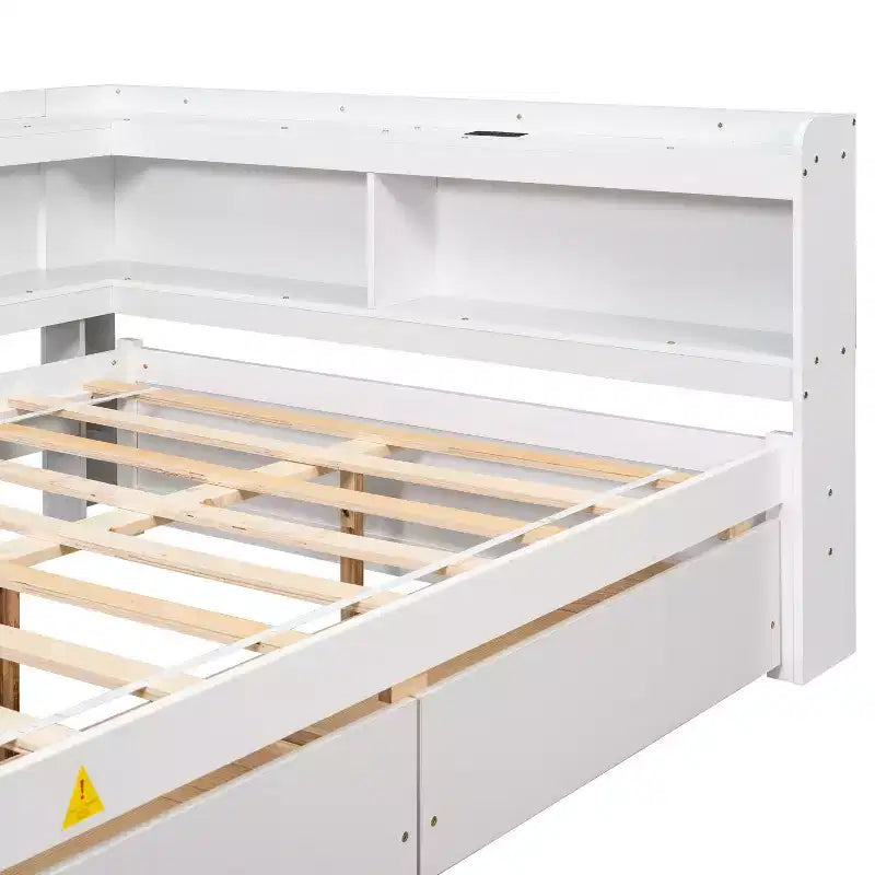 Full Size L-Shaped Bookcases Bed with Power Outlets, USB Charging Ports and 2 Drawers