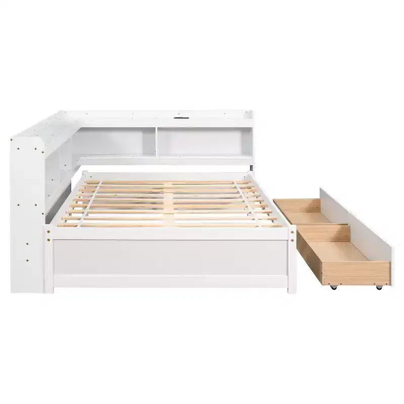 Full Size L-Shaped Bookcases Bed with Power Outlets, USB Charging Ports and 2 Drawers