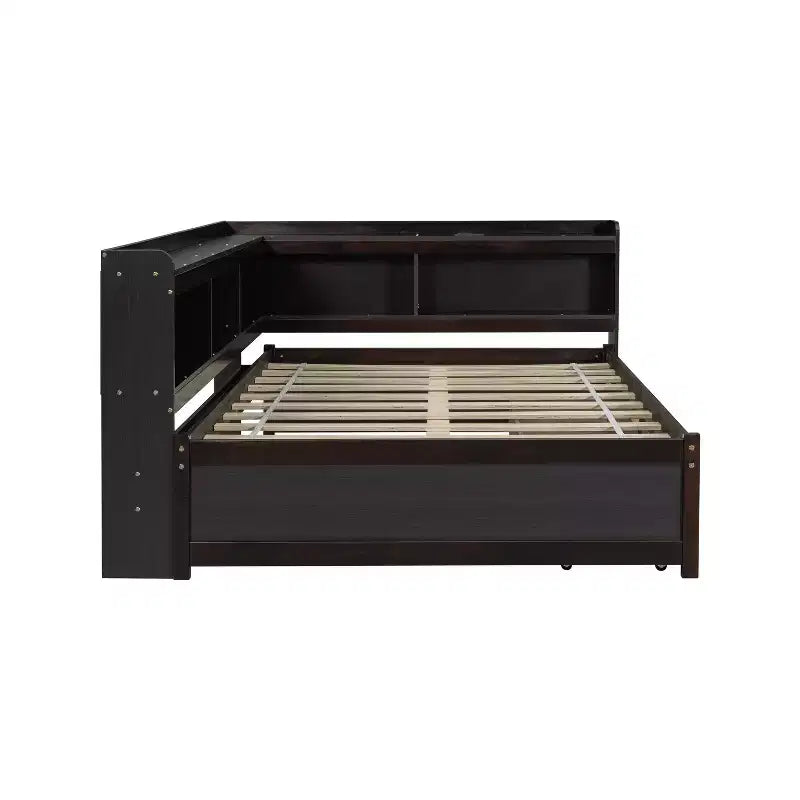 Full Size L-Shaped Bookcases Bed with Power Outlets, USB Charging Ports and 2 Drawers