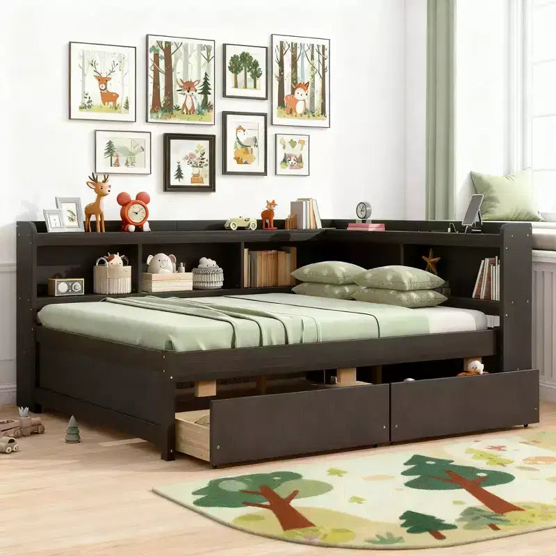 Luxystar Full Size L-shaped Bookcases Bed with Power Outlets, USB Charging Ports and 2 Drawers