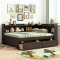 Luxystar Full Size L-shaped Bookcases Bed with Power Outlets, USB Charging Ports and 2 Drawers