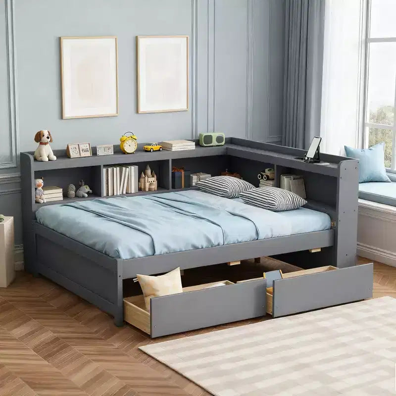 Full Size L-Shaped Bookcases Bed with Power Outlets, USB Charging Ports and 2 Drawers