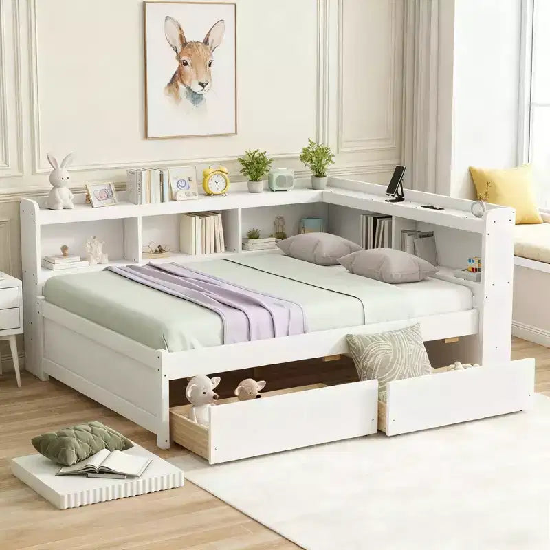 Full Size L-Shaped Bookcases Bed with Power Outlets, USB Charging Ports and 2 Drawers