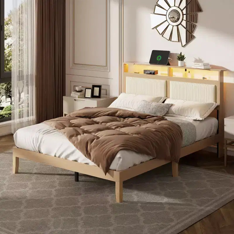 Queen Bed Frame with Storage Headboard, LED Lights & Charging Station