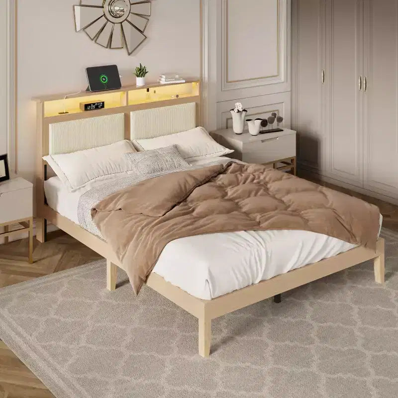 Queen Bed Frame with Storage Headboard, LED Lights & Charging Station