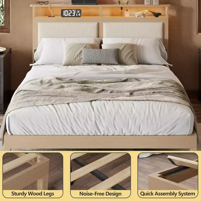 Queen Bed Frame with Storage Headboard, LED Lights & Charging Station