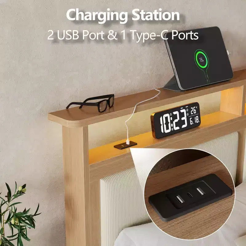 Queen Bed Frame with Storage Headboard, LED Lights & Charging Station
