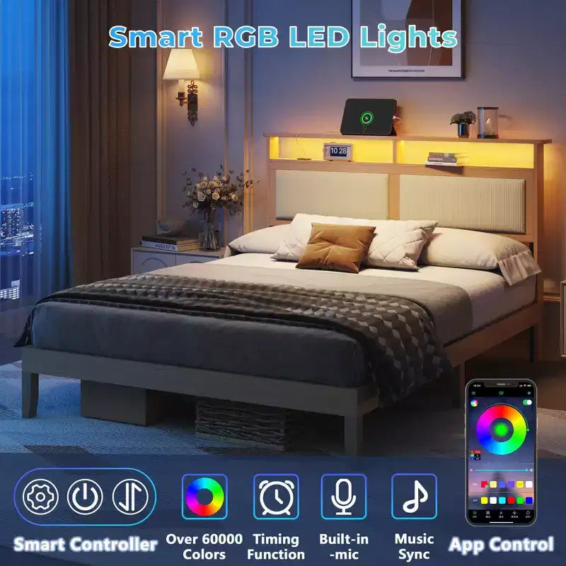 Queen Bed Frame with Storage Headboard, LED Lights & Charging Station