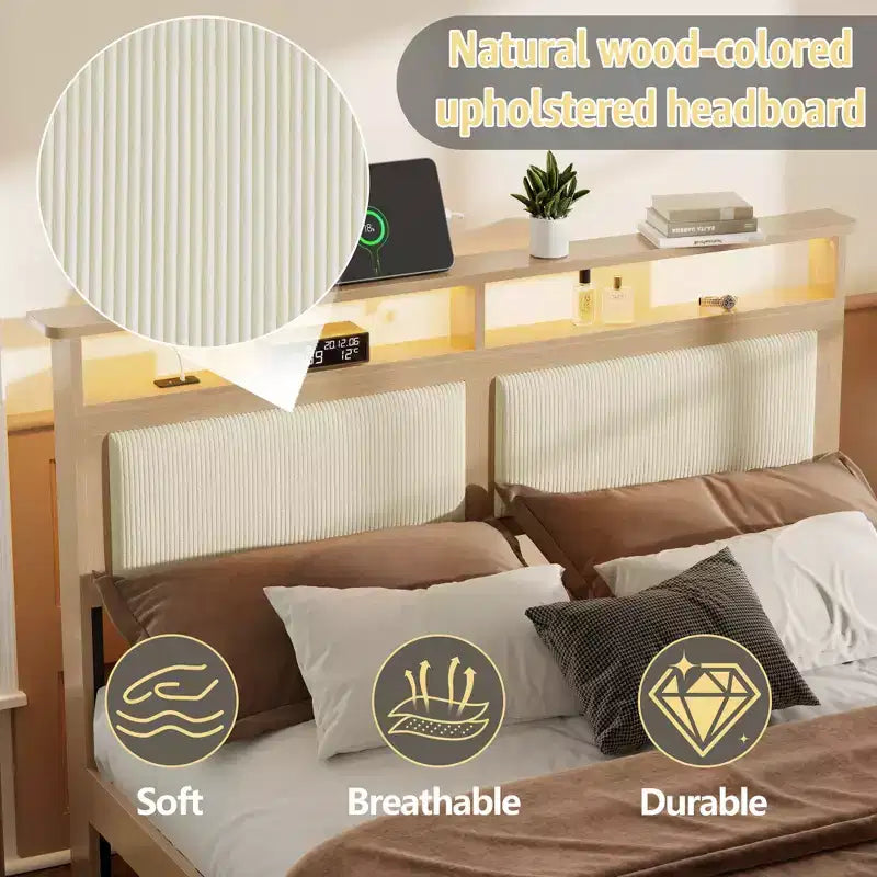 Queen Bed Frame with Storage Headboard, LED Lights & Charging Station