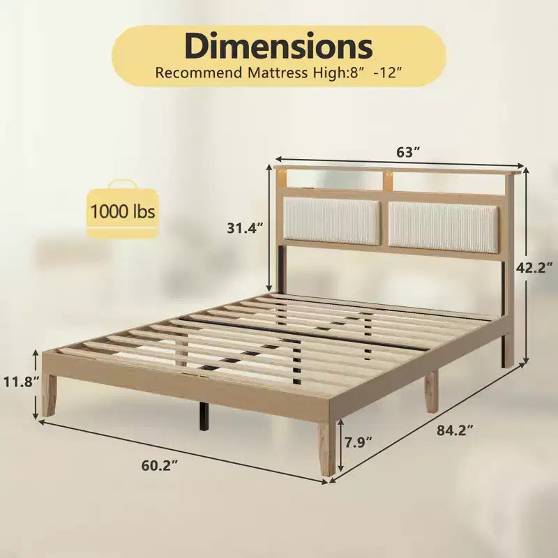 Queen Bed Frame with Storage Headboard, LED Lights & Charging Station