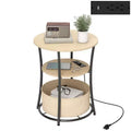 Round Side Table with Charging Station, 3-Tier End Table with Fabric Storage Bag and Shelf