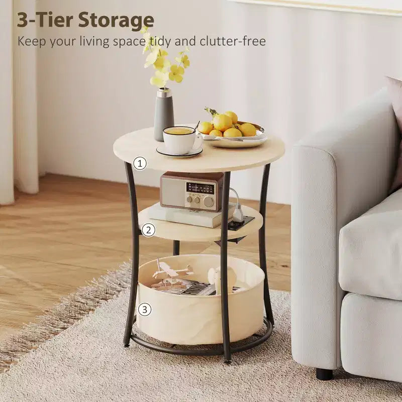 Round Side Table with Charging Station, 3-Tier End Table with Fabric Storage Bag and Shelf