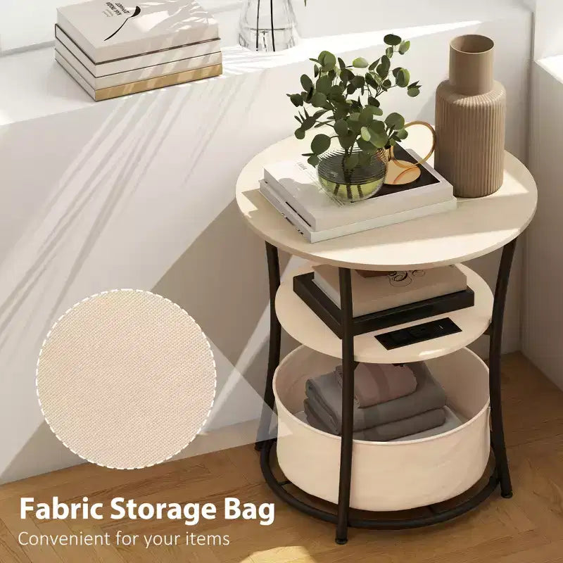 Round Side Table with Charging Station, 3-Tier End Table with Fabric Storage Bag and Shelf