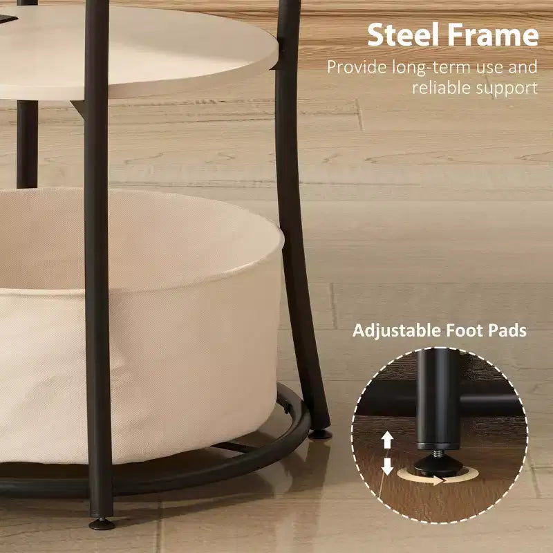 Round Side Table with Charging Station, 3-Tier End Table with Fabric Storage Bag and Shelf