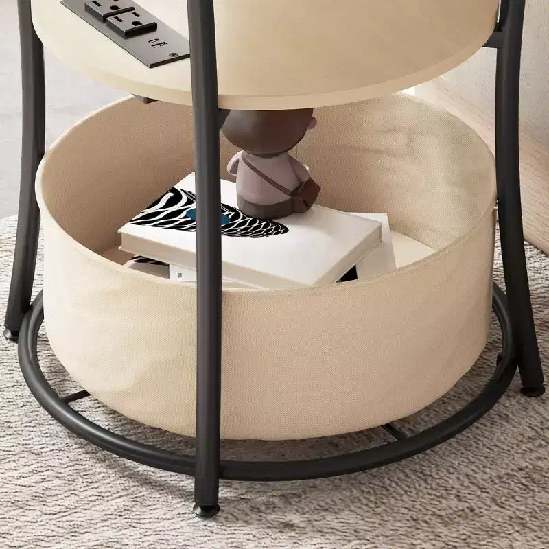 Round Side Table with Charging Station, 3-Tier End Table with Fabric Storage Bag and Shelf
