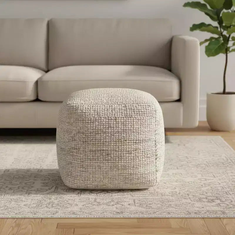 18" Ivory Cotton Wool and Jute Striped Pouf Ottoman