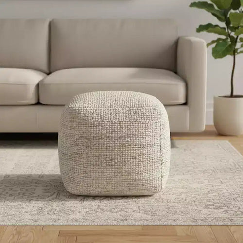18" Ivory Cotton Wool and Jute Striped Pouf Ottoman
