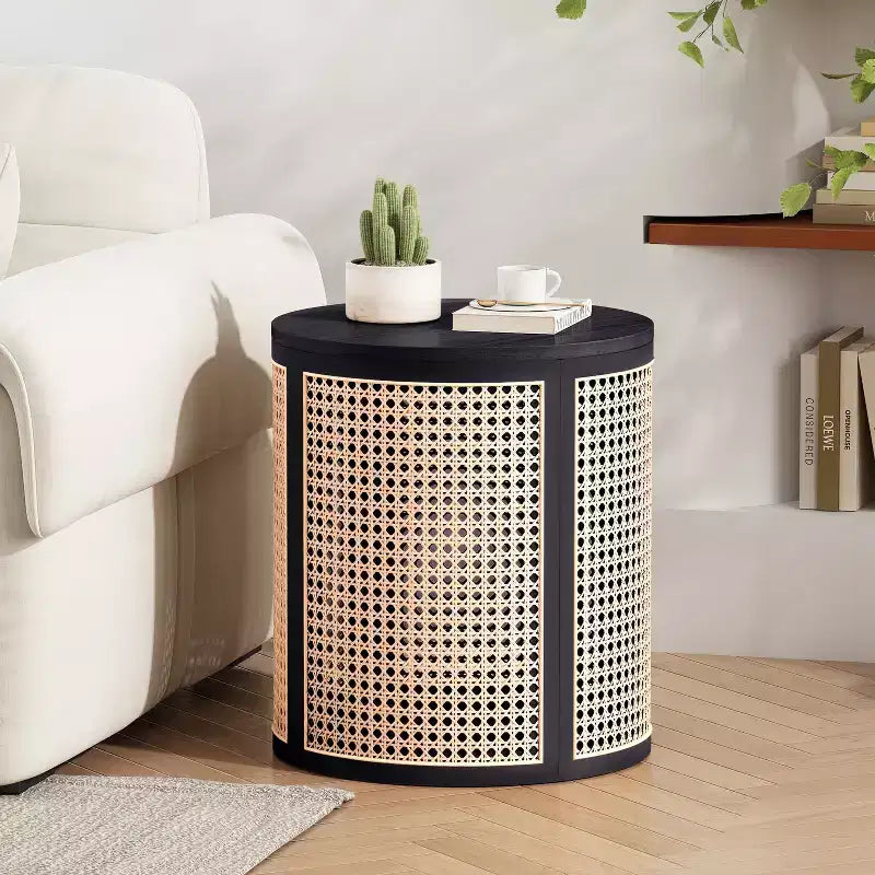 MAYEERTY 1 Pack Rattan Round Side Table with Storage, Boho End Table for Living Room, Bedroom, Modern Home Decor