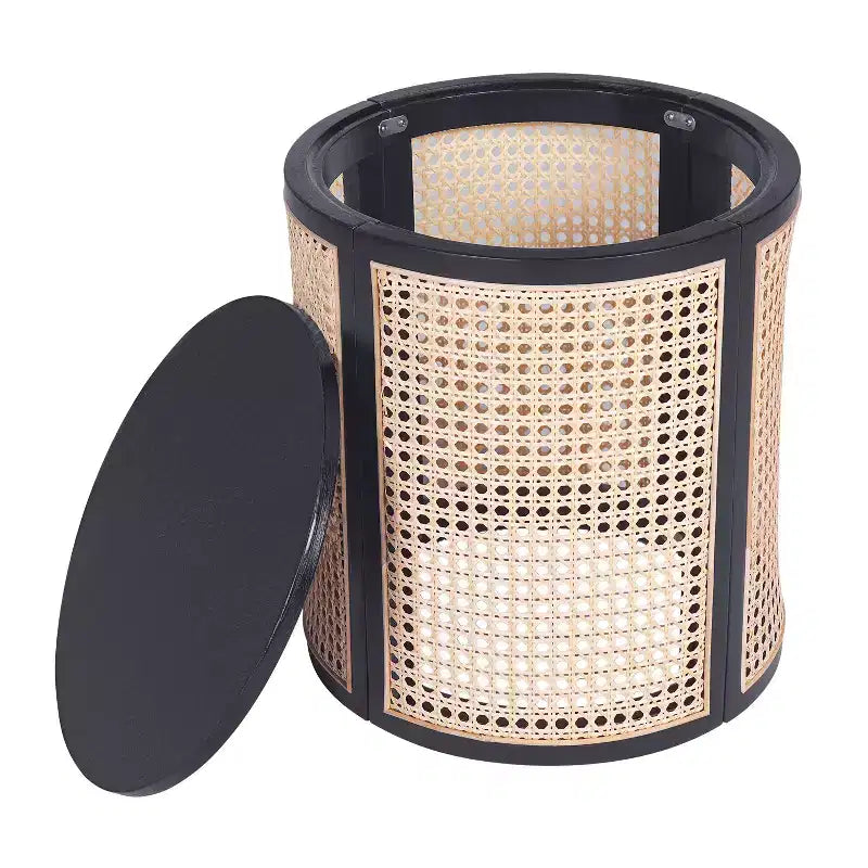 Rattan Round Side Table with Storage, Boho End Table for Living Room, Bedroom, Modern Home Decor