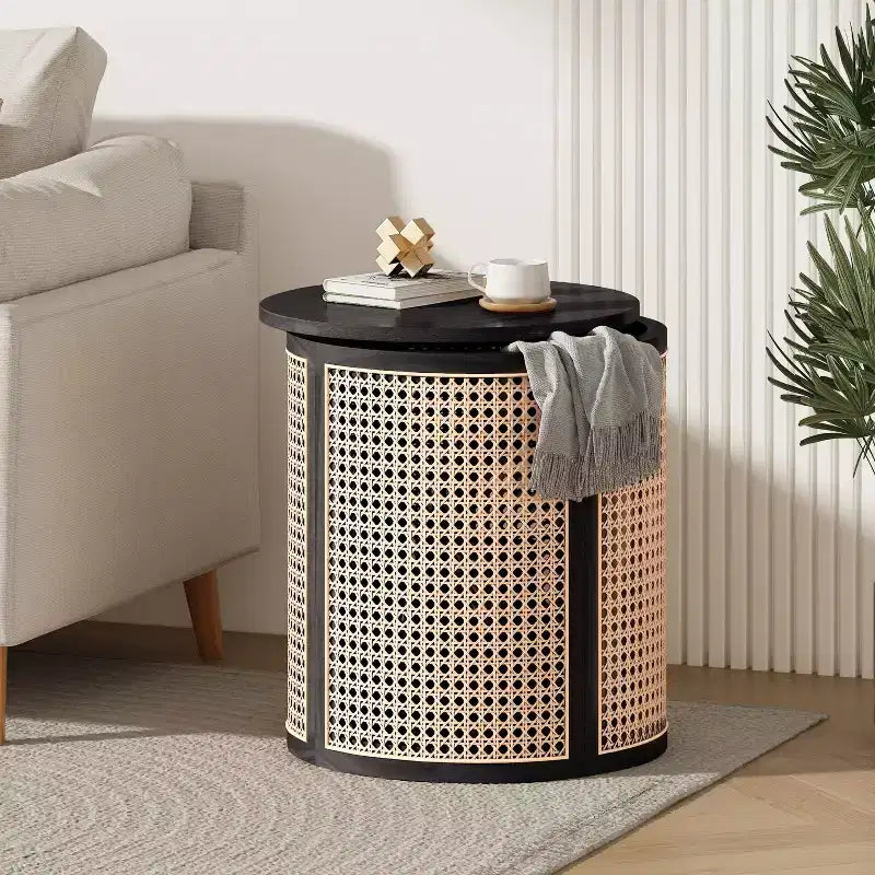 Rattan Round Side Table with Storage, Boho End Table for Living Room, Bedroom, Modern Home Decor