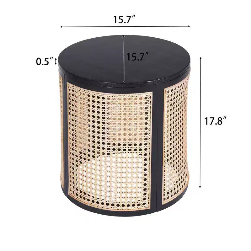 Rattan Round Side Table with Storage, Boho End Table for Living Room, Bedroom, Modern Home Decor