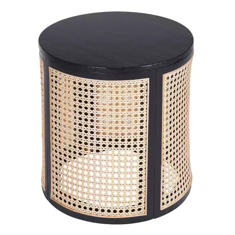 Rattan Round Side Table with Storage, Boho End Table for Living Room, Bedroom, Modern Home Decor