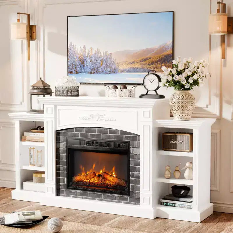 White Fireplace TV Stand Fit Up To 90in TV with 23in Fireplace Western Style