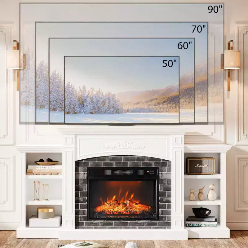 White Fireplace TV Stand Fit Up To 90in TV with 23in Fireplace Western Style