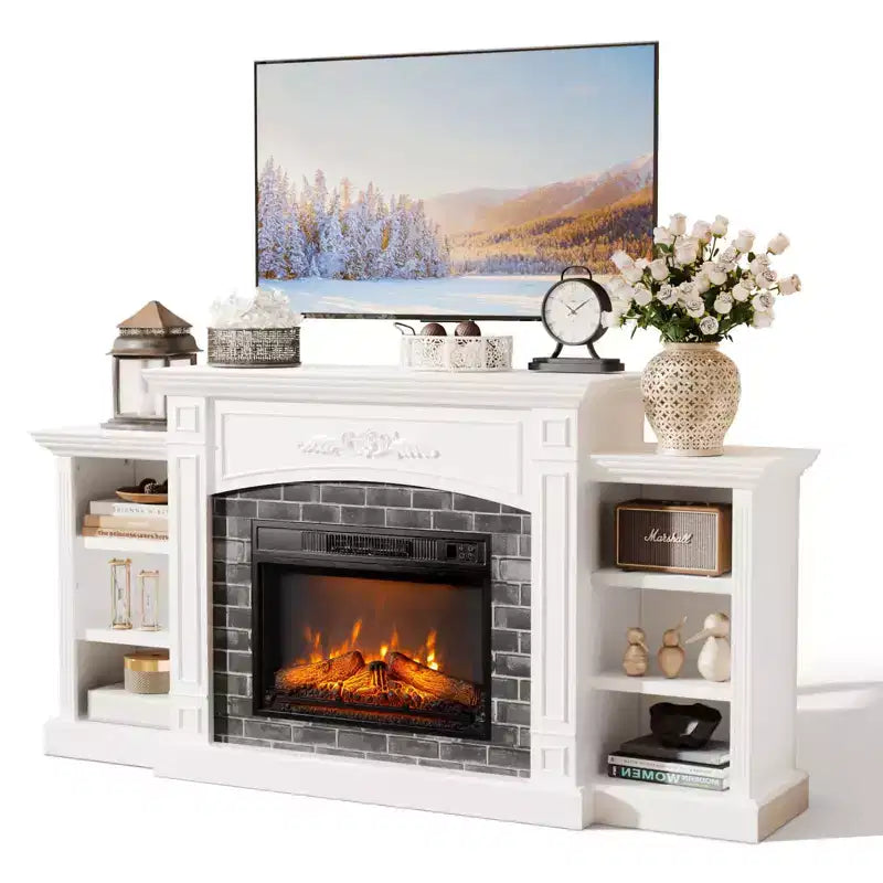 White Fireplace TV Stand Fit Up To 90in TV with 23in Fireplace Western Style