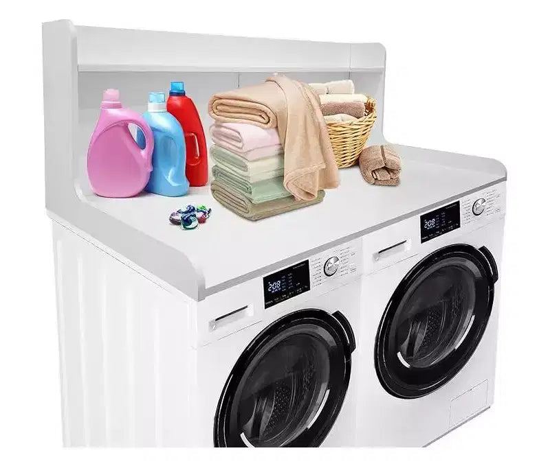 Brown/White/Wood MDF Washer Dryer Countertop with Shelf & Edge Rails – 2-Person Use