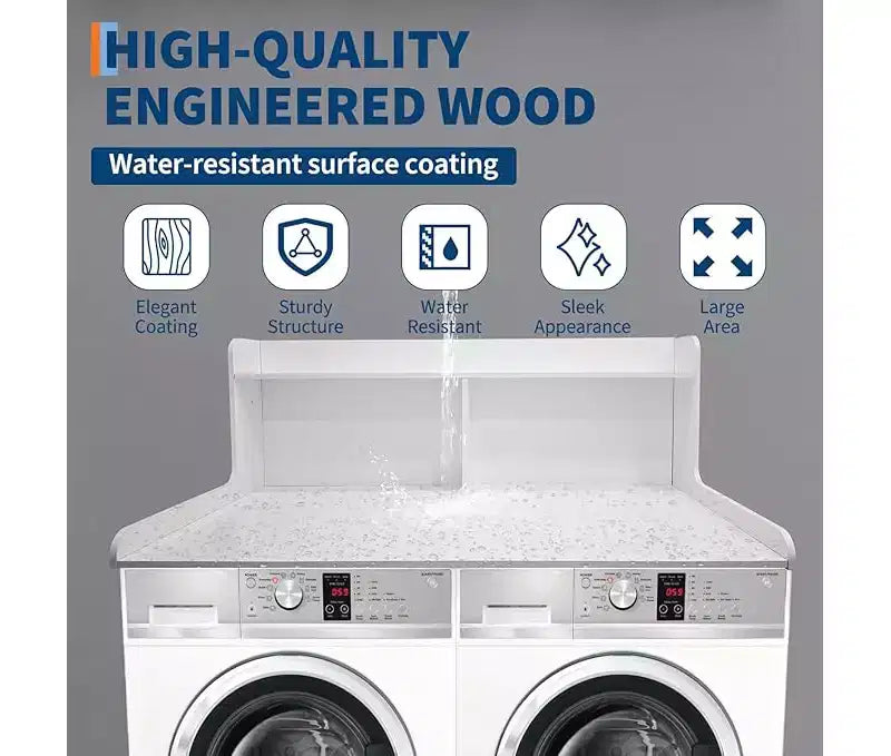 Brown/White/Wood MDF Washer Dryer Countertop with Shelf & Edge Rails – 2-Person Use