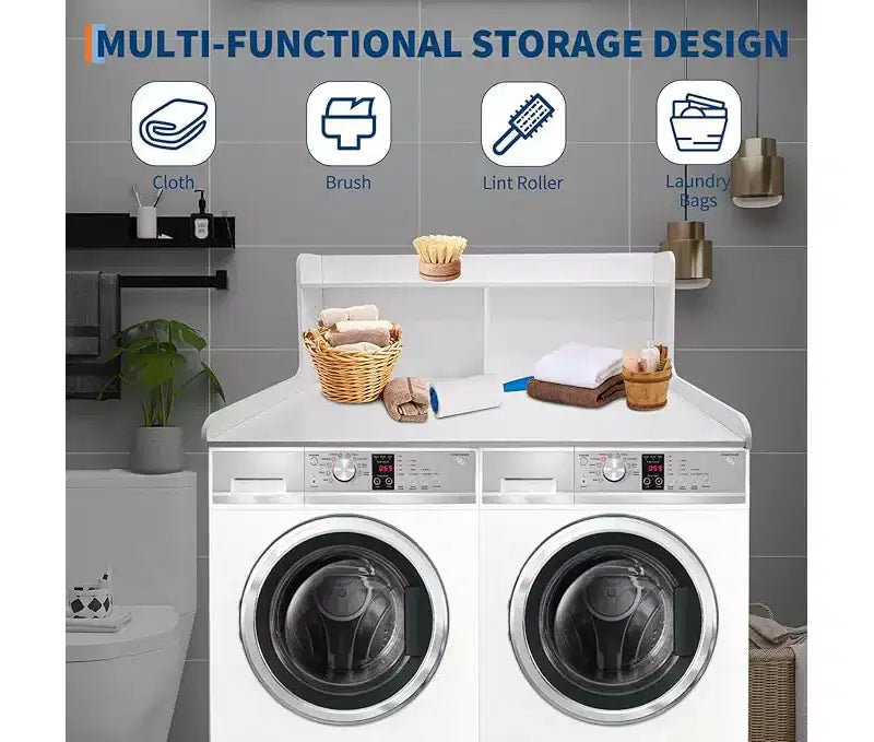 Brown/White/Wood MDF Washer Dryer Countertop with Shelf & Edge Rails – 2-Person Use