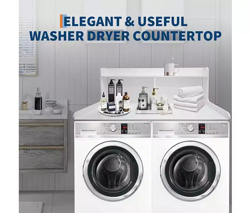 Brown/White/Wood MDF Washer Dryer Countertop with Shelf & Edge Rails – 2-Person Use