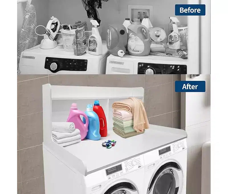 Brown/White/Wood MDF Washer Dryer Countertop with Shelf & Edge Rails – 2-Person Use