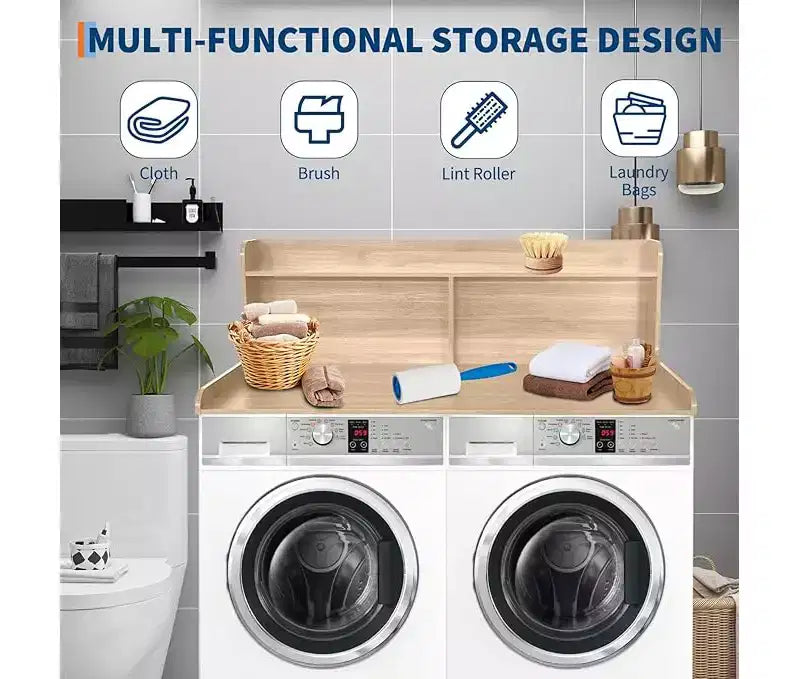 Brown/White/Wood MDF Washer Dryer Countertop with Shelf & Edge Rails – 2-Person Use