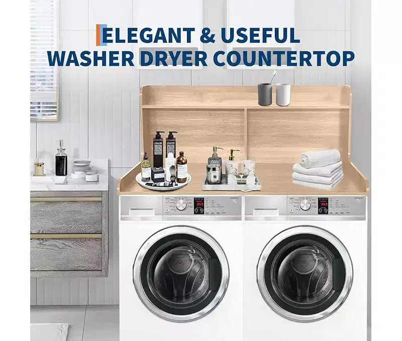 Brown/White/Wood MDF Washer Dryer Countertop with Shelf & Edge Rails – 2-Person Use