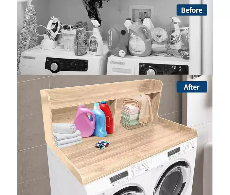 Brown/White/Wood MDF Washer Dryer Countertop with Shelf & Edge Rails – 2-Person Use