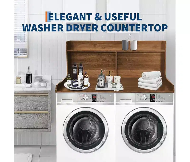 Brown/White/Wood MDF Washer Dryer Countertop with Shelf & Edge Rails – 2-Person Use