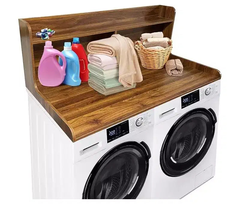 Brown/White/Wood MDF Washer Dryer Countertop with Shelf & Edge Rails – 2-Person Use