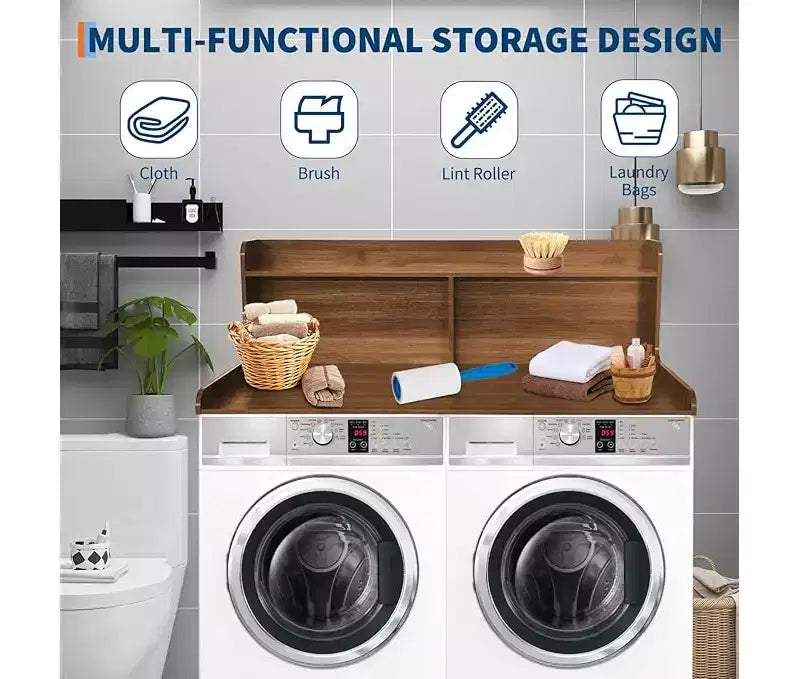 Brown/White/Wood MDF Washer Dryer Countertop with Shelf & Edge Rails – 2-Person Use