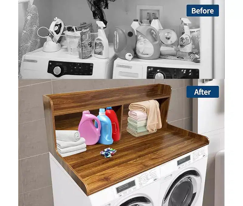 Brown/White/Wood MDF Washer Dryer Countertop with Shelf & Edge Rails – 2-Person Use