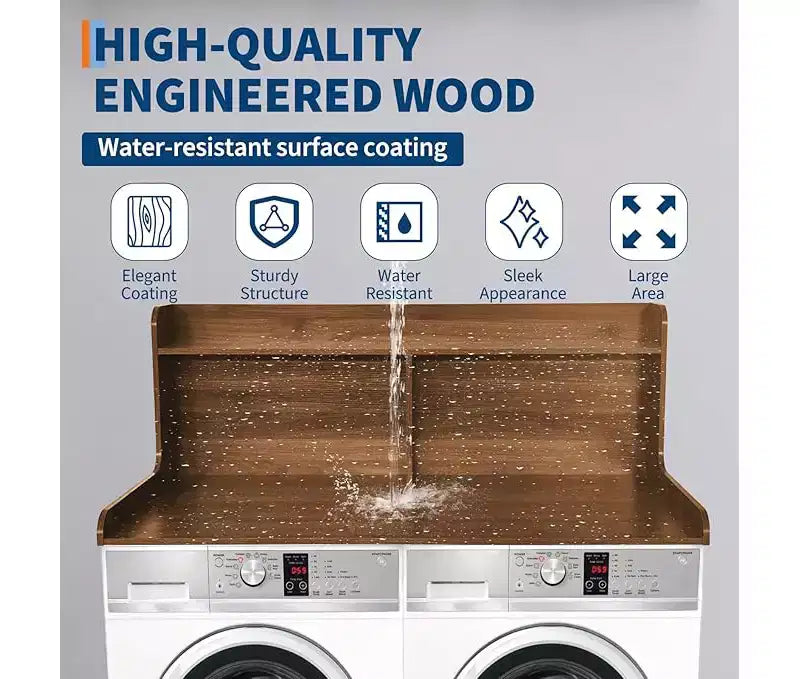 1 Mdf Tall Washing Machine Rack,3-Tier Washer Dryer Countertop with Edge Rails, for Folding Clothes, Washer and Dryer Topper with Non-Slip Pad