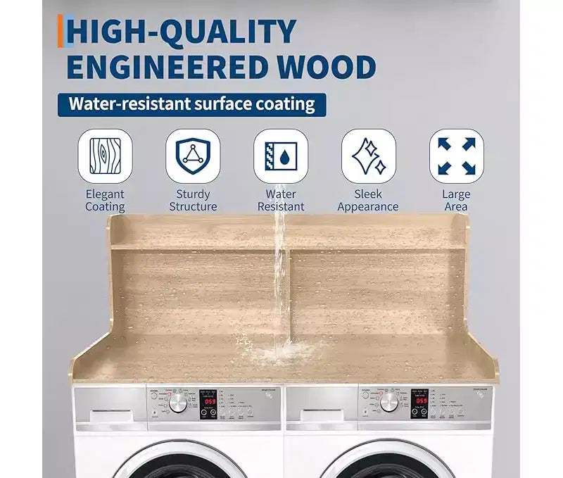 Brown/White/Wood MDF Washer Dryer Countertop with Shelf & Edge Rails – 2-Person Use
