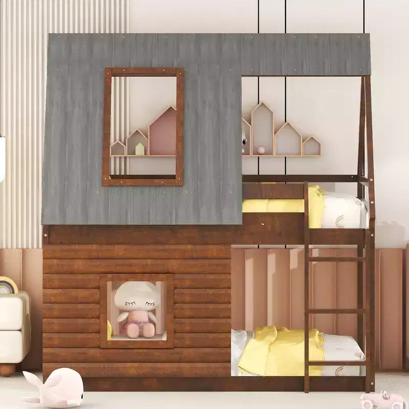 Bellemave Twin House Bunk Bed with Roof and Ladder,Solid Wood House Bunk Bed Frame with 2 Windows for Kids,Oak & Smoky Grey