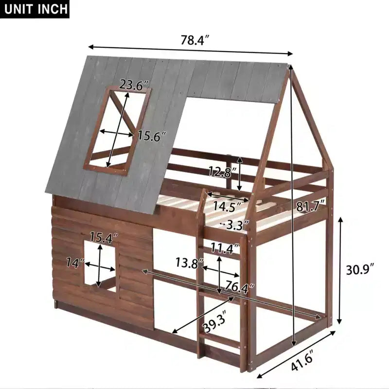 Twin House Bunk Bed with Roof and Ladder, Solid Wood House Bunk Bed Frame with 2 Windows for Kids, Oak & Smoky Grey