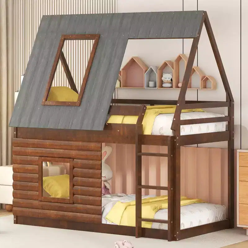 Twin House Bunk Bed with Roof and Ladder, Solid Wood House Bunk Bed Frame with 2 Windows for Kids, Oak & Smoky Grey