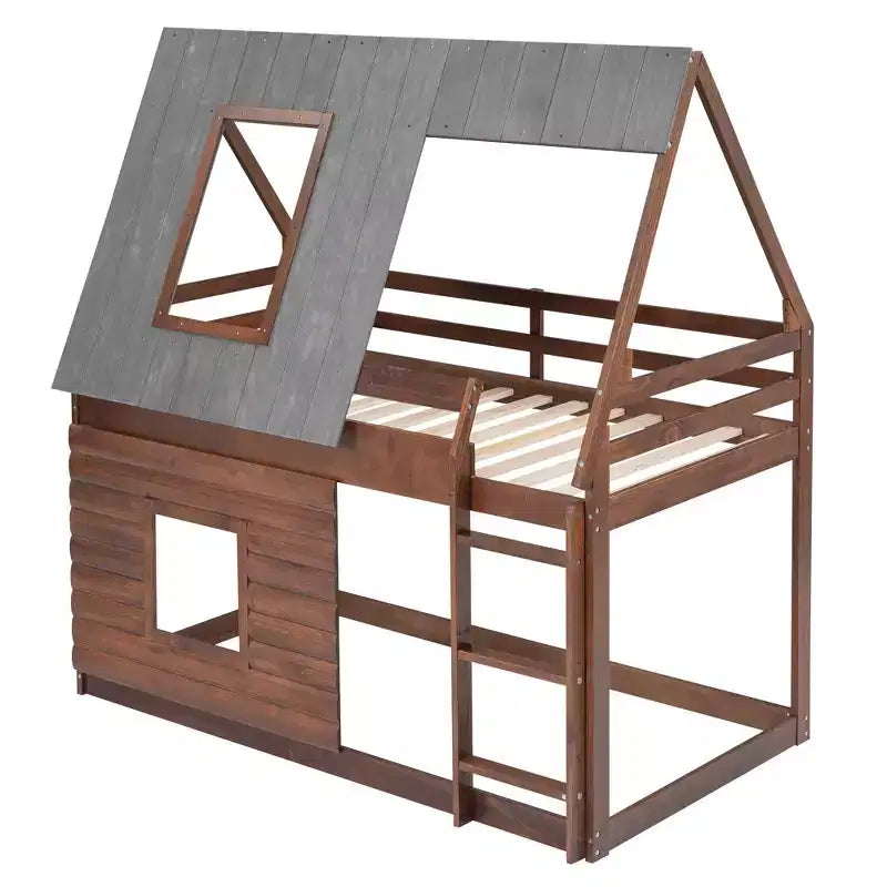 Twin House Bunk Bed with Roof and Ladder, Solid Wood House Bunk Bed Frame with 2 Windows for Kids, Oak & Smoky Grey