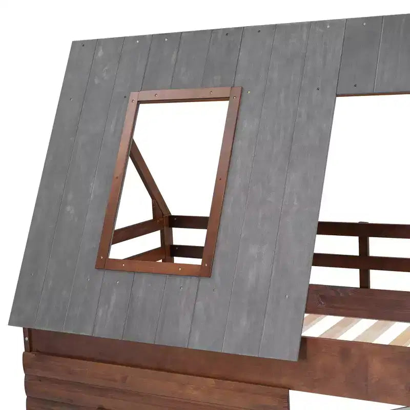 Twin House Bunk Bed with Roof and Ladder, Solid Wood House Bunk Bed Frame with 2 Windows for Kids, Oak & Smoky Grey